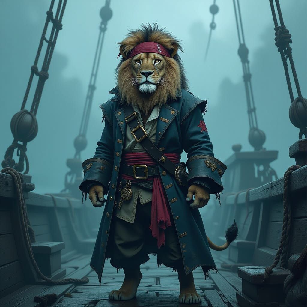 Lion Pirate on Ship in Futuristic Painting Style