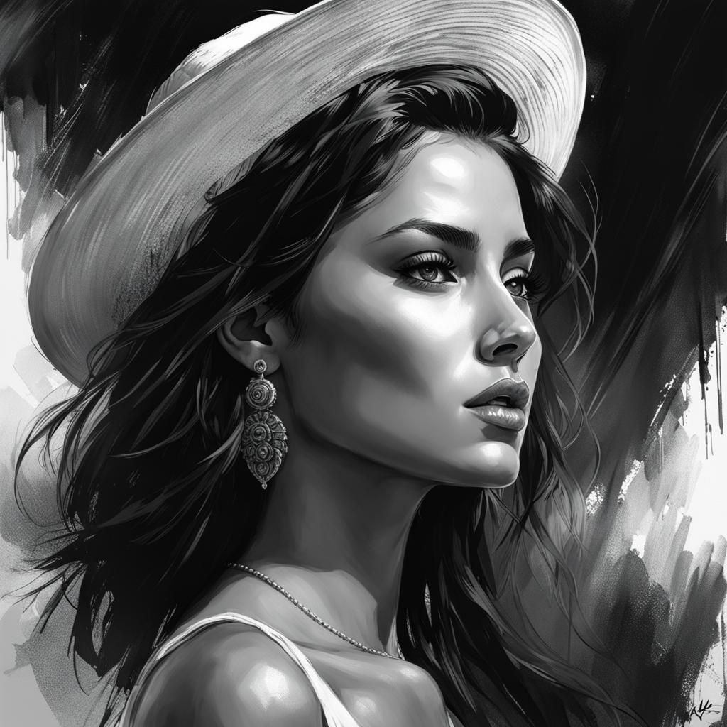 Striking B&W Portrait of Beautiful Woman in Splash Art Style