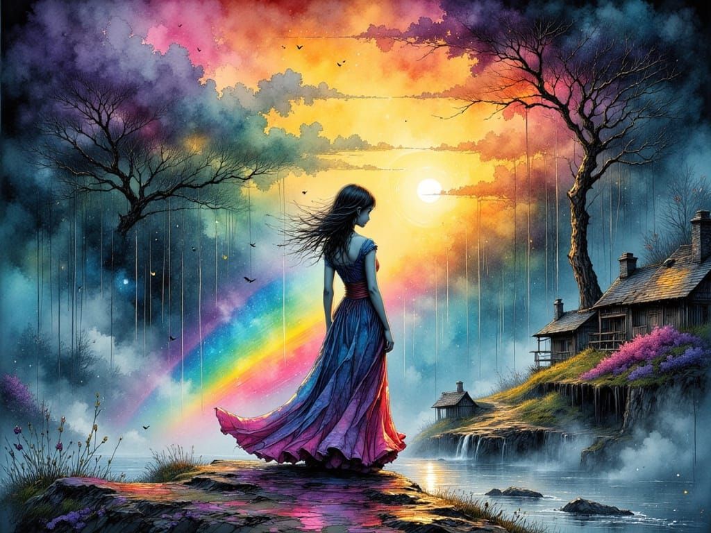 Girl in Storm with Rainbow Ink Art