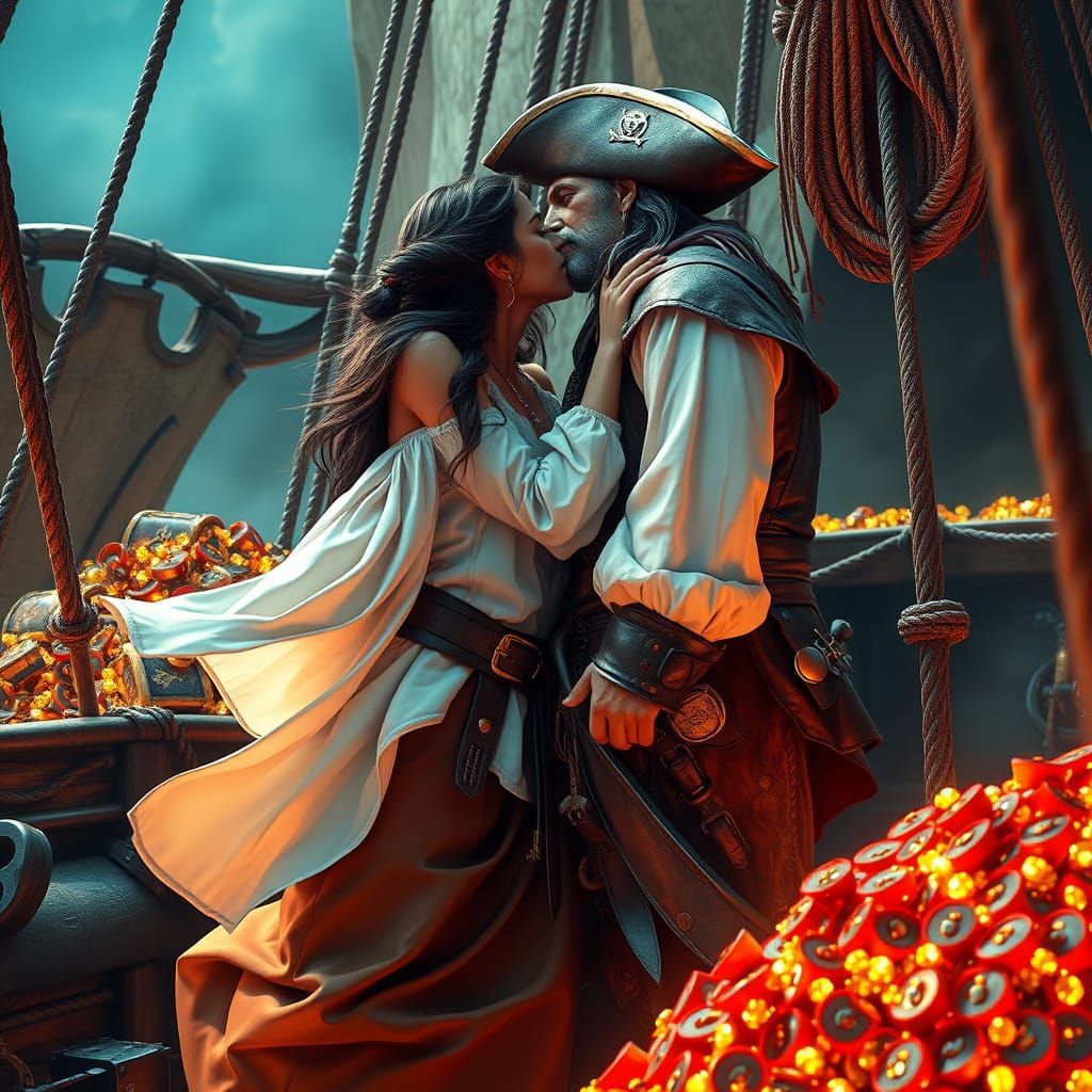 Pirate Couple Embrace Amidst Treasure, Hyperdetailed Digital...