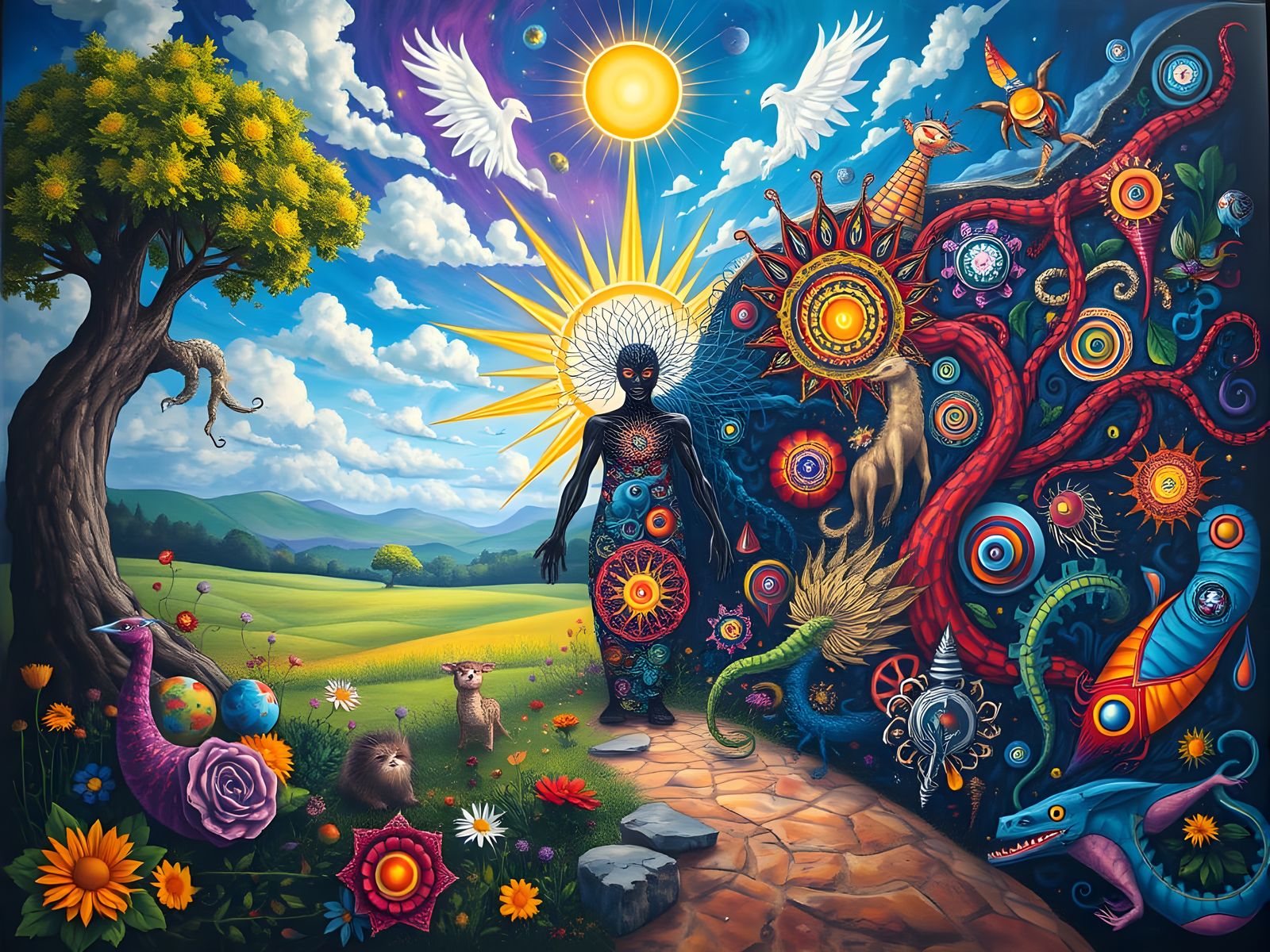 Duality of Consciousness in Vibrant Surreal Landscape