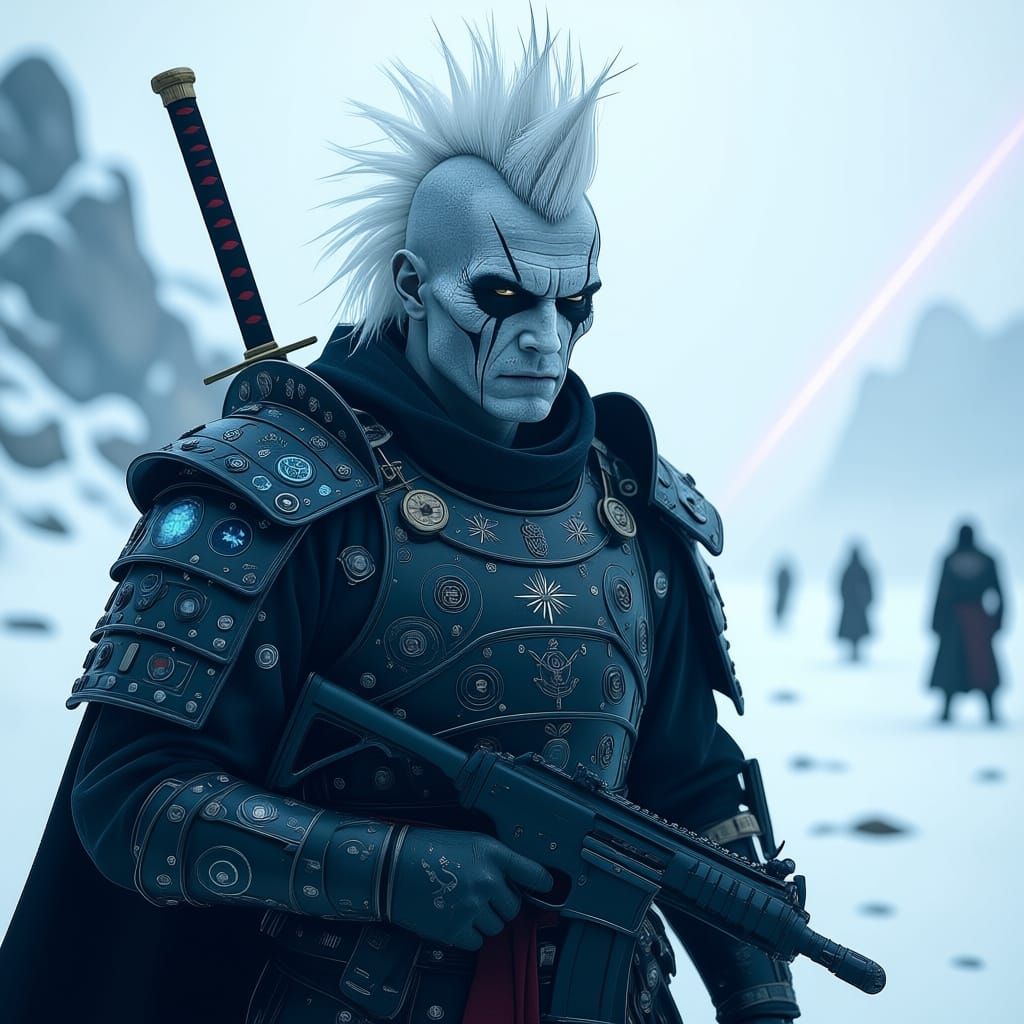 Samurai Warrior on Alien Battlefield in Sci-Fi Armor