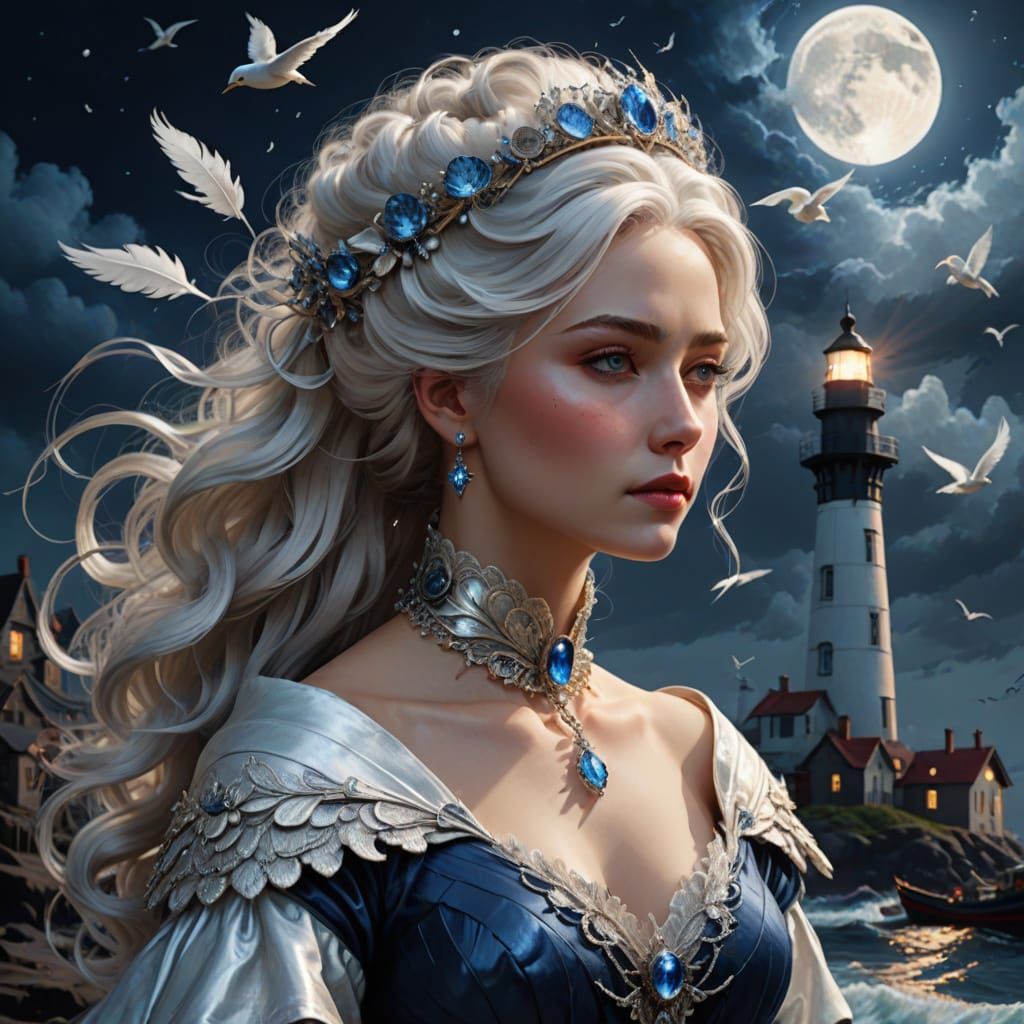 Victorian Lady's Impasto Portrait with Lighthouses