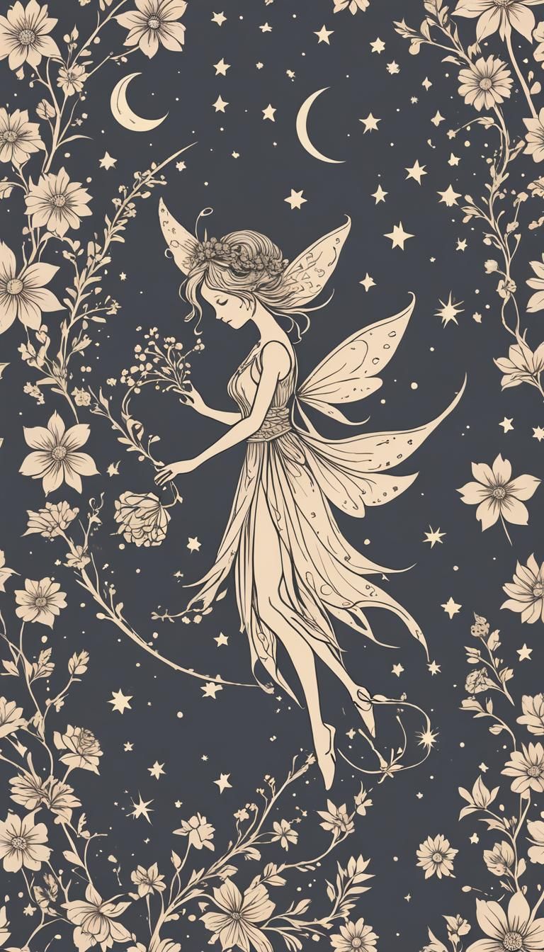 Beautiful fairy silhouette with flower, stars, crescent moon...