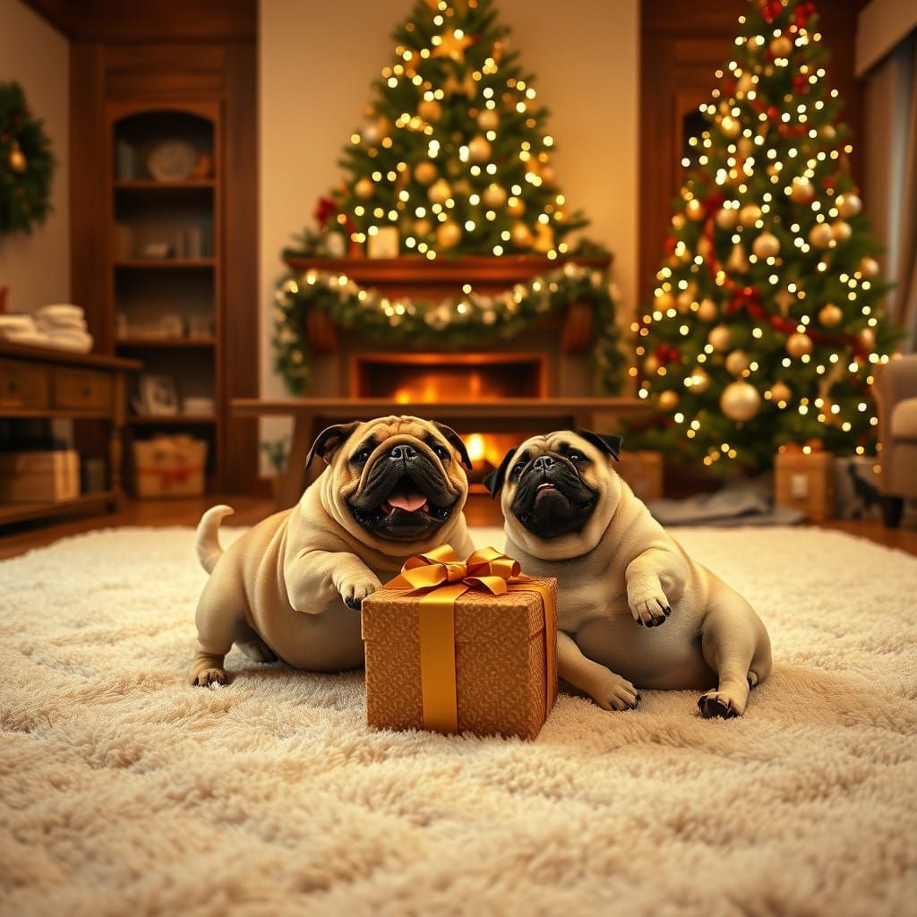 Cozy Christmas Scene with Two Chubby Dogs and Festive Decora...
