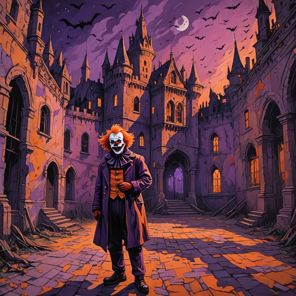 Scary Clown in Abandoned Castle: Gouache Illustration