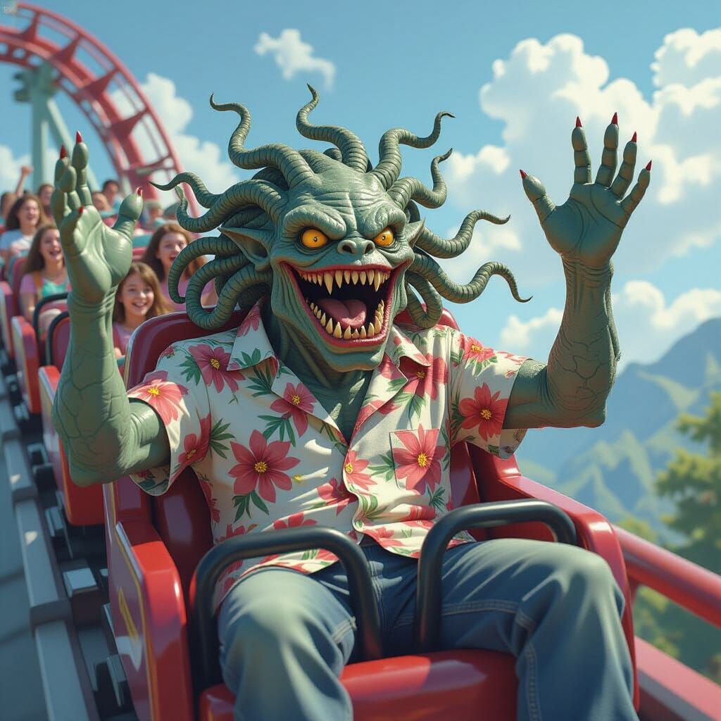 Grotesque Monster Rides Roller Coaster with Teenagers in Hyp...