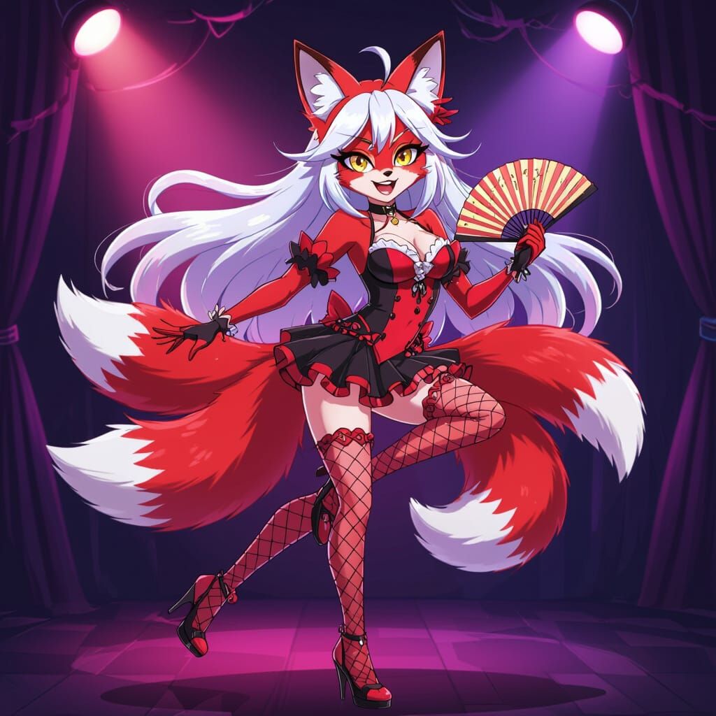 Fox Dancer Character with Nine Tails in Neon Club