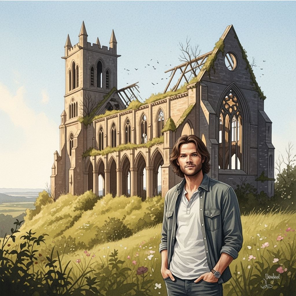 Watercolor Painting of a Man at Ruined Cathedral