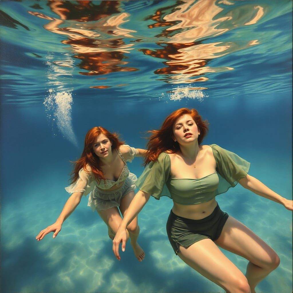 Redhead Models Underwater in Oil Painting Style
