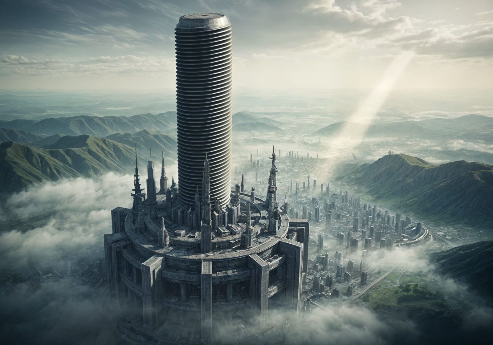 Giant Bolt Structure Overlooking Sci-Fi City