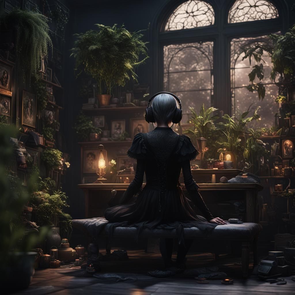 Gothic Girl Listening to Music in Emo Bedroom