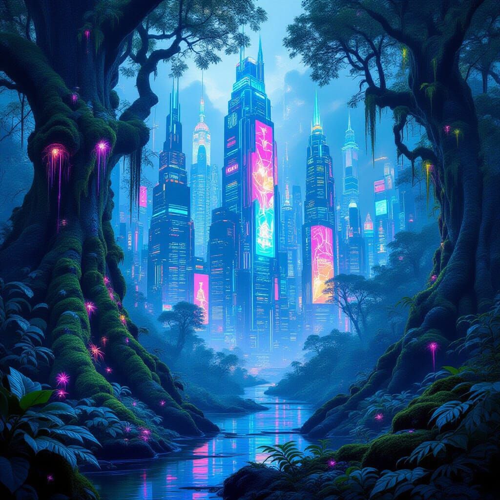 Futuristic Neon City Merged with Magical Forest