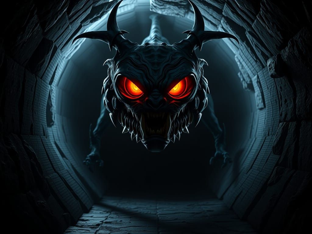 Cyberpunk Horror Emerges from Dark Tunnel with Glowing Eyes