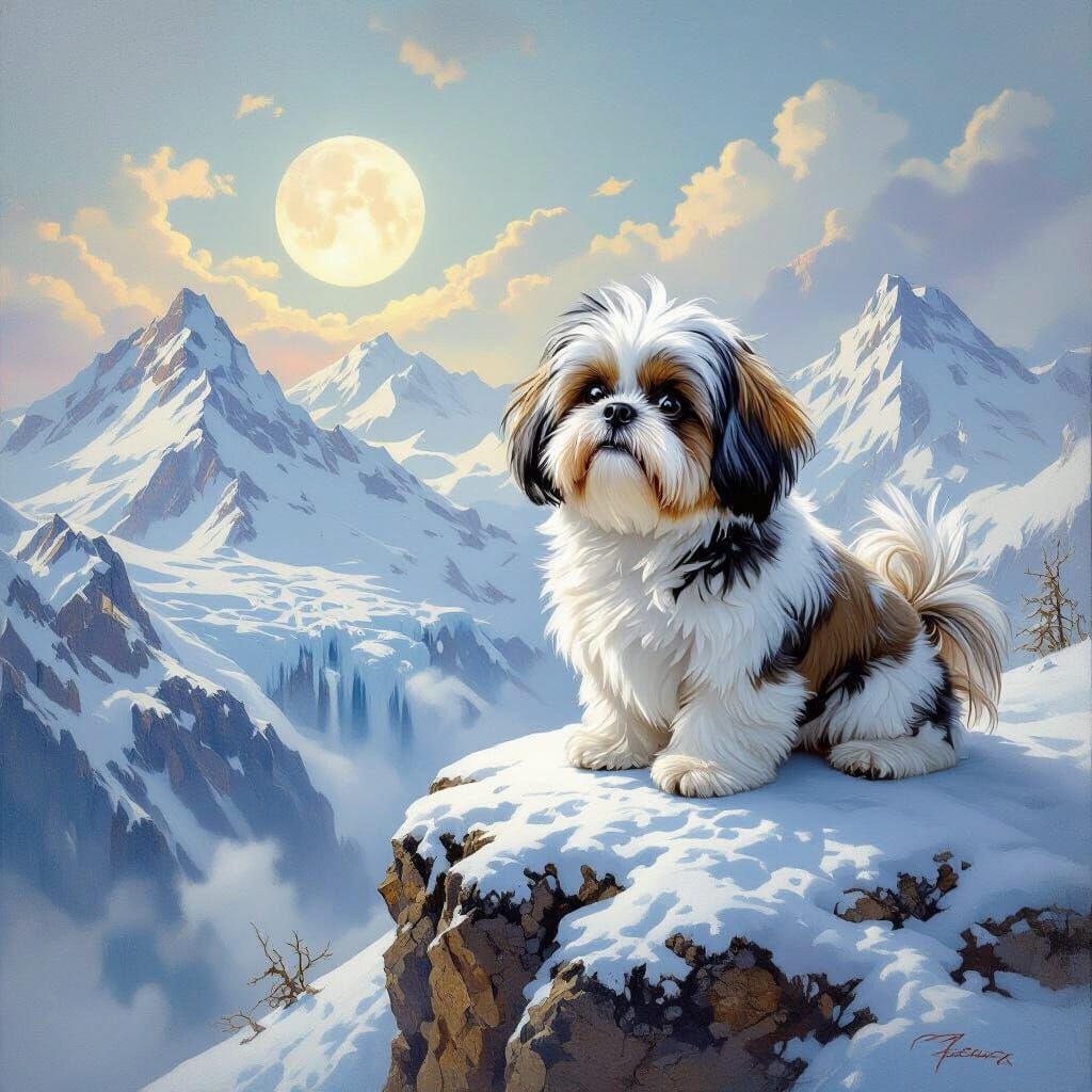 Shih Tzu on Snowy Peak as Oil Painting
