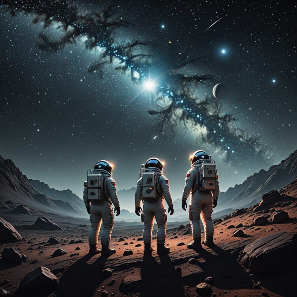 Astronauts Explore Alien Worlds in Dreamy Space Scene