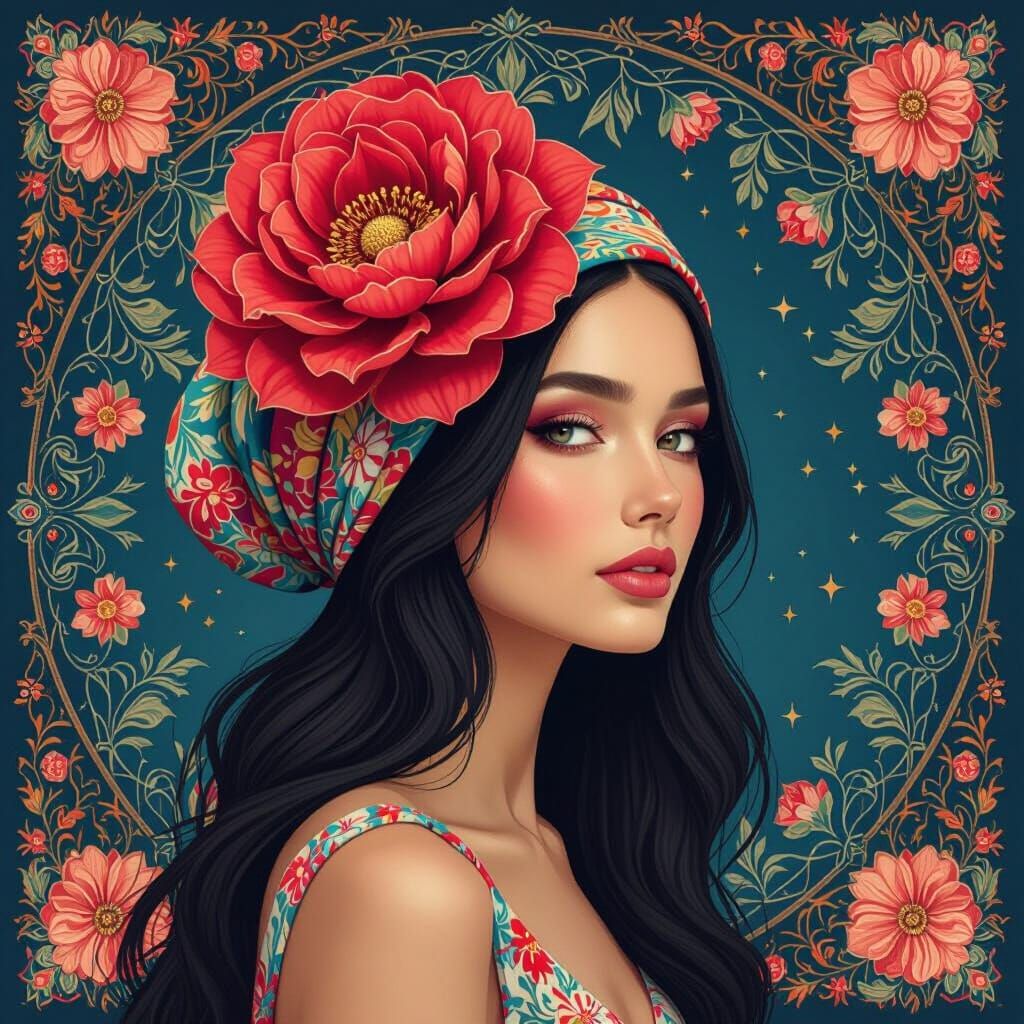 Surreal Woman Portrait with Floral Headscarf