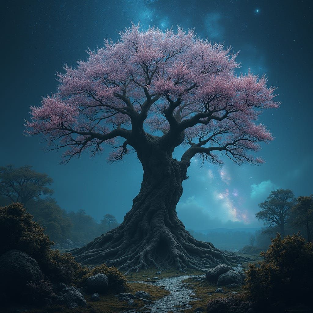 Colossal Tree with Luminescent Flora in Biomechanical Style