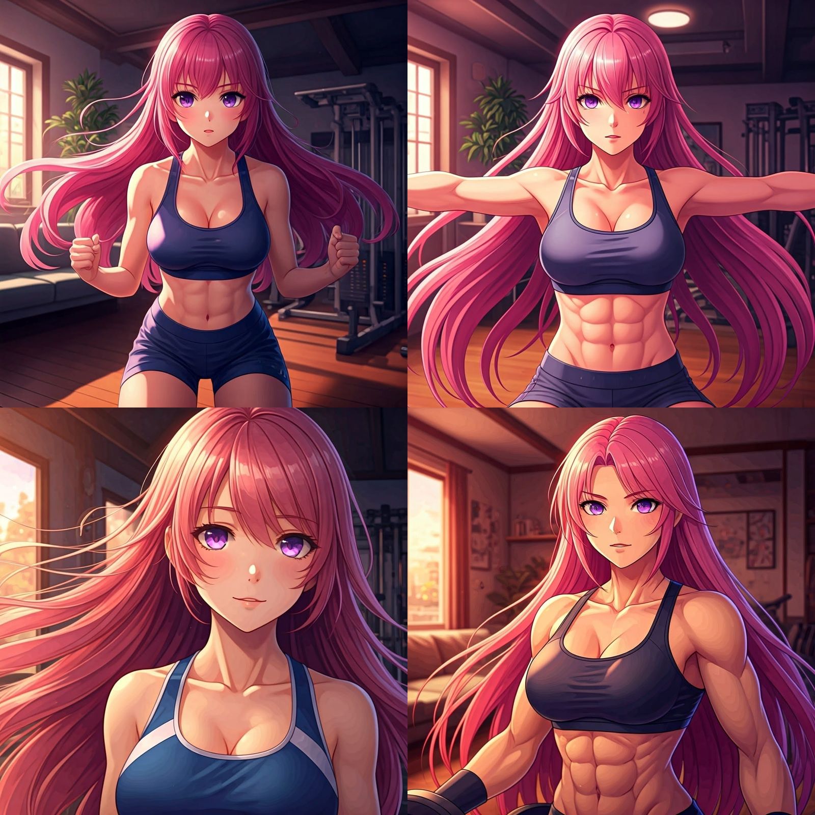Anime Woman's Living Room Workout: Cel-Shaded Digital Art