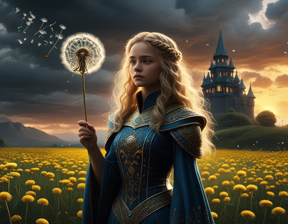 Epic Dandelion Goddess in Dramatic Digital Landscape