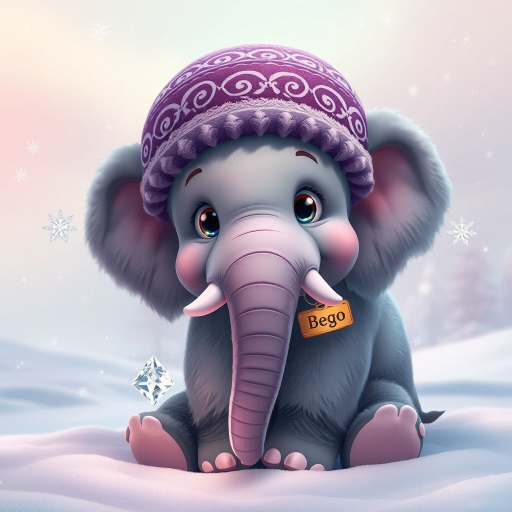 Fluffy Elephant with Winter Hat in Snowy Wonderland