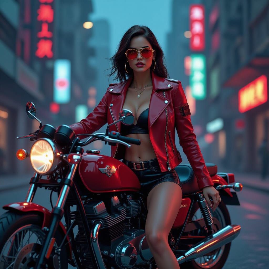 Aphrodite in Cyberpunk Cityscape on Motorcycle