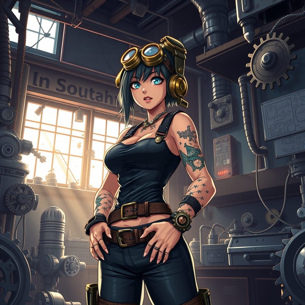 Dieselpunk Mechanic in Gear-Filled Workshop