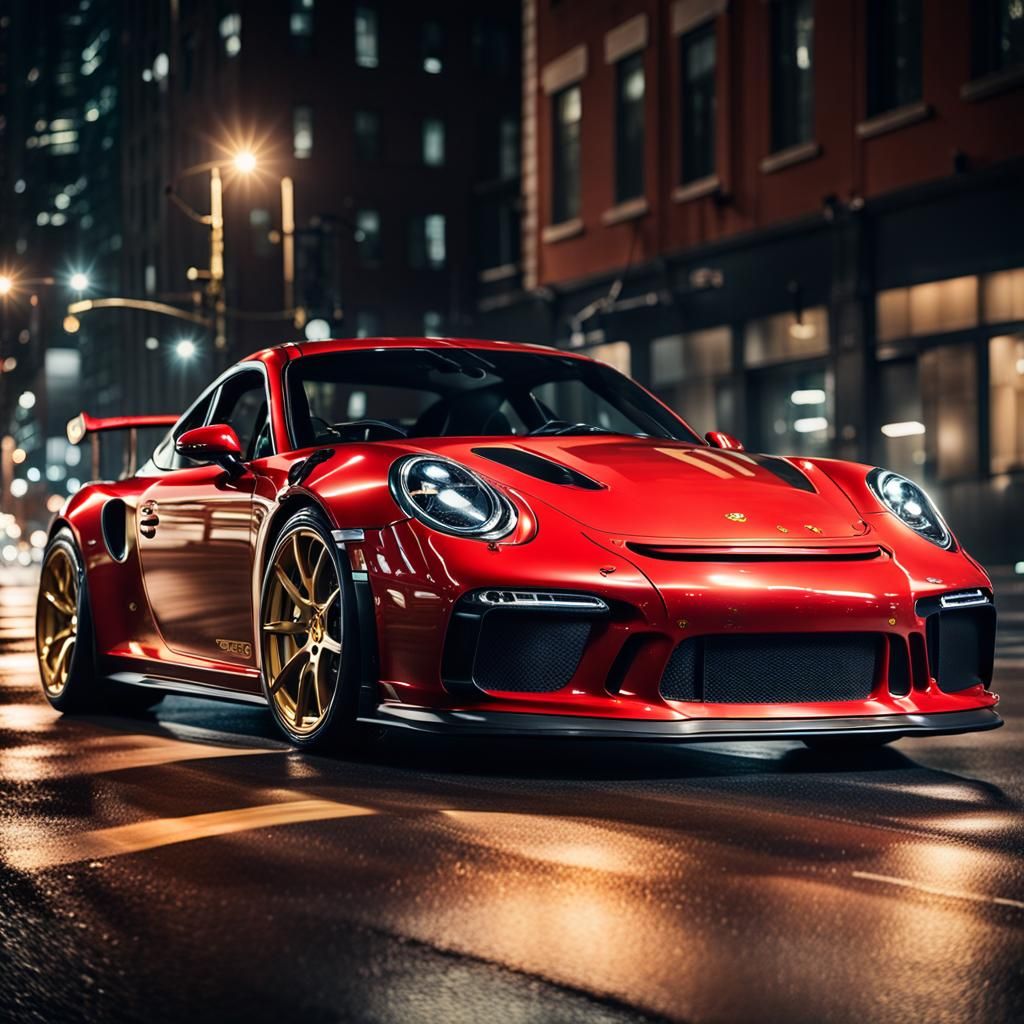 Red Porsche GT3 on Urban Road at Night