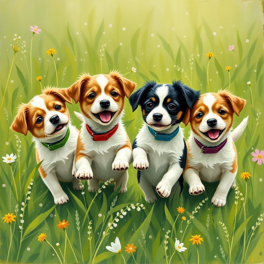 Four Playful Puppies in a Whimsical Meadow Scene