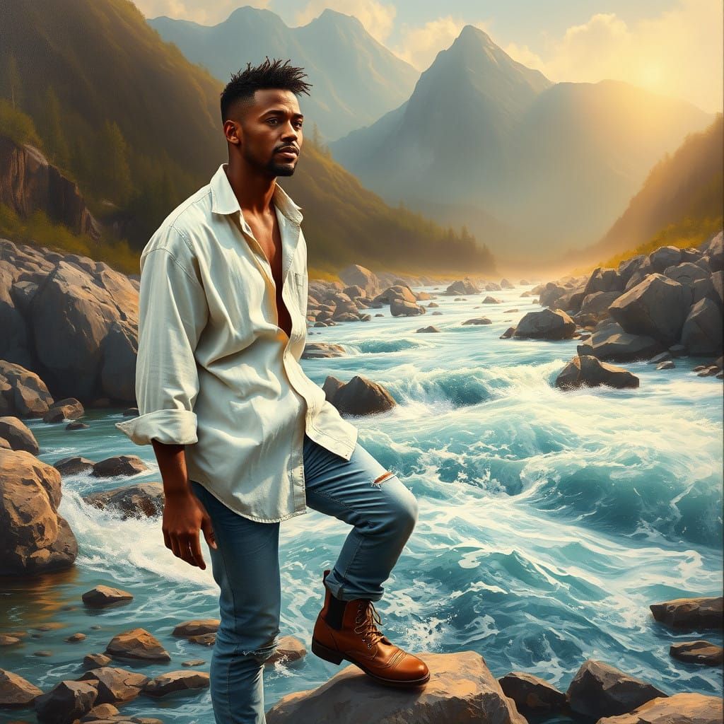 Handsome Painter Steps into Majestic River Landscape