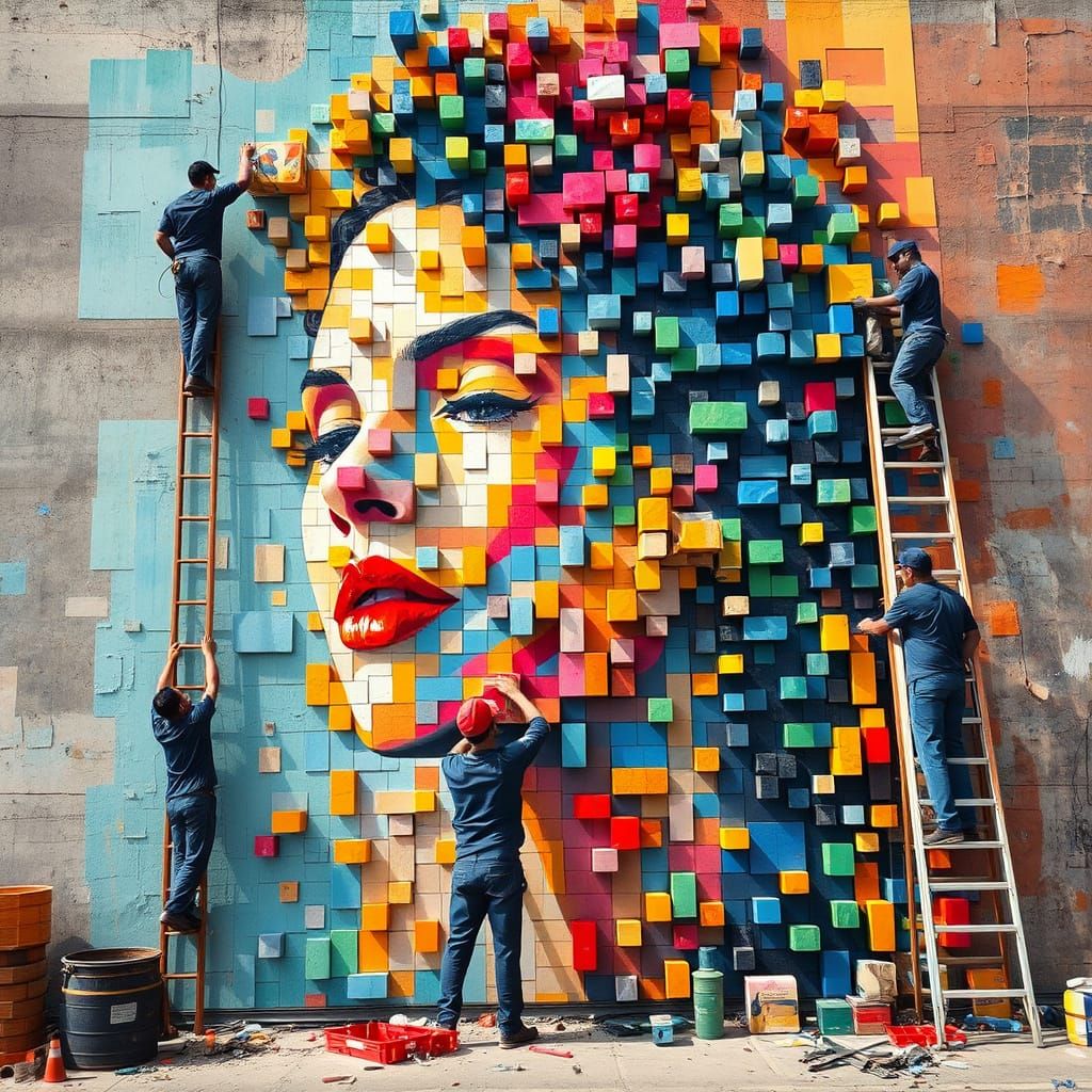 Work Crews Build Vibrant Mural of Beautiful Woman in Neo-Imp...