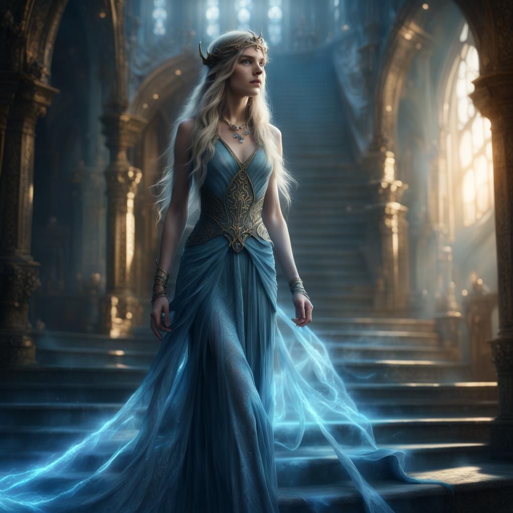 Ethereal Elf Walking Down Blue Stairs