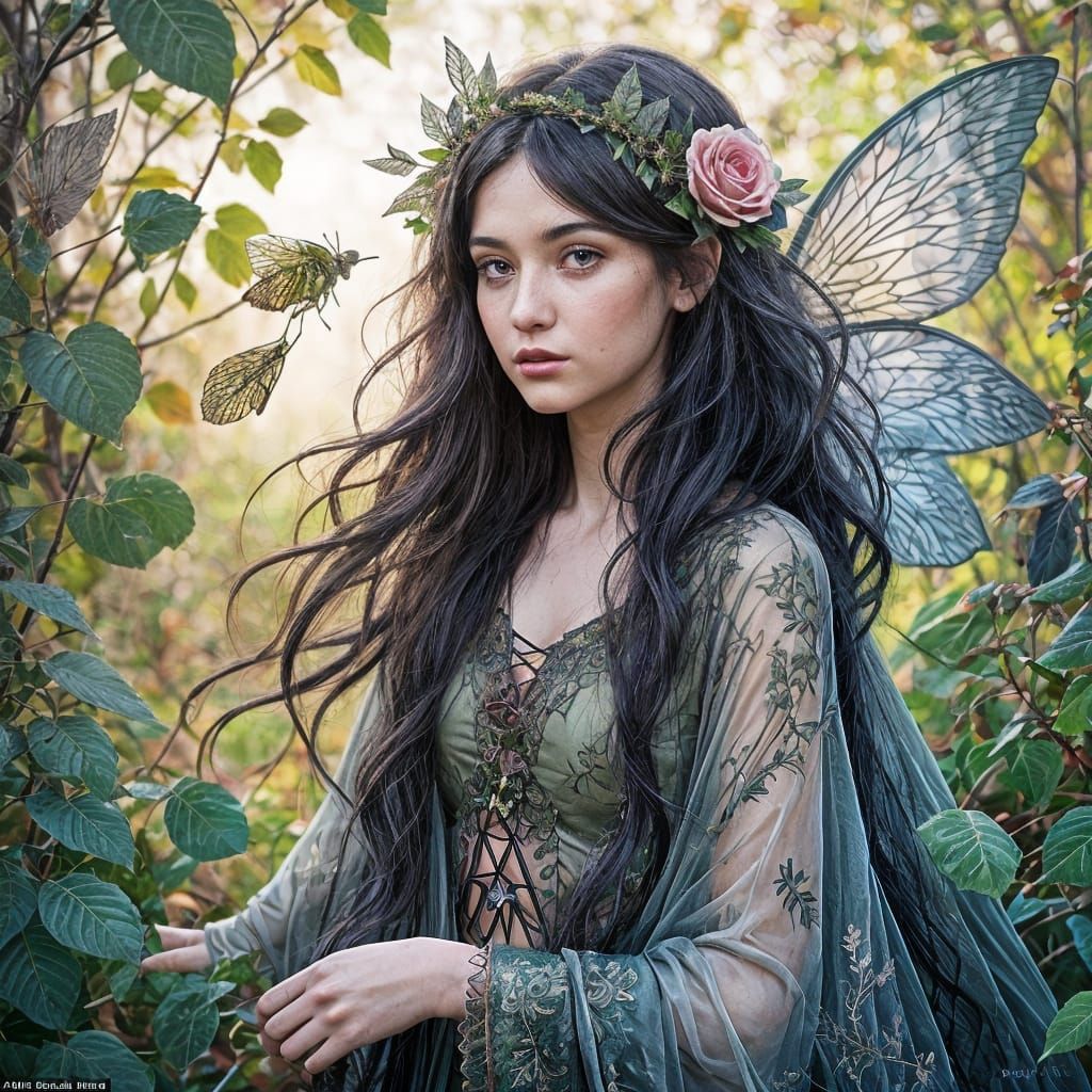 Enchanted Sunset Fairy Dances Among Black Feathers and Rose ...