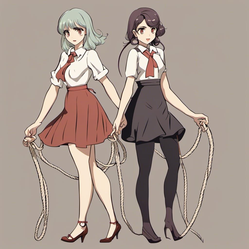 Bound Women in Anime Retro Soft Toonshader Style