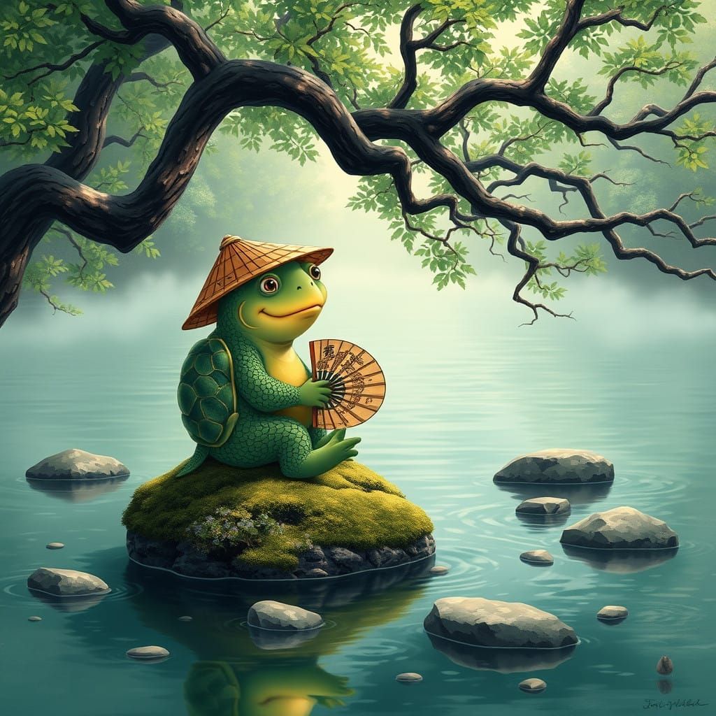 Surreal Kappa in Japanese River Landscape