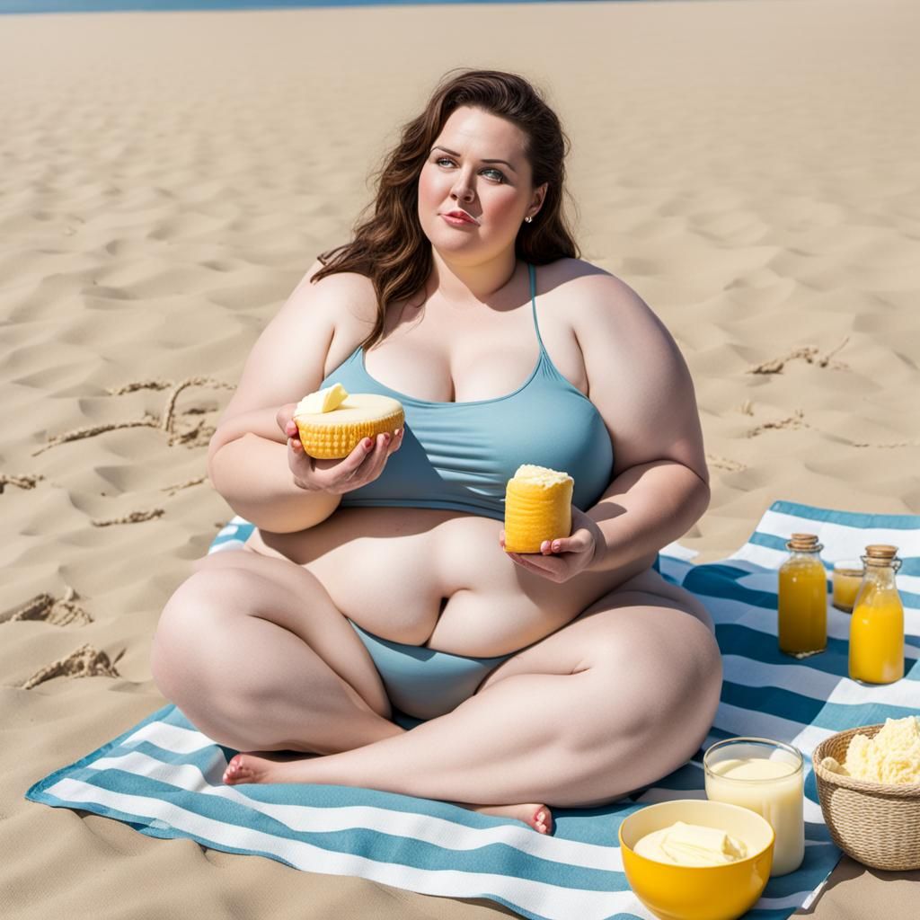 Obese Woman Eating Butter on Beach