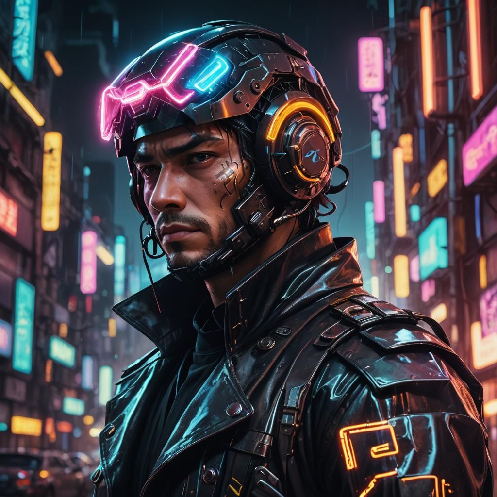 Cyberpunk Man Portrait with Neon Lights in 3D Art