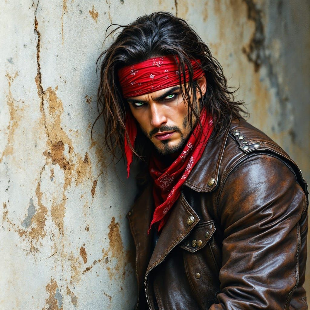 Brooding Biker with Piercing Gaze in Hyper-Realistic Style