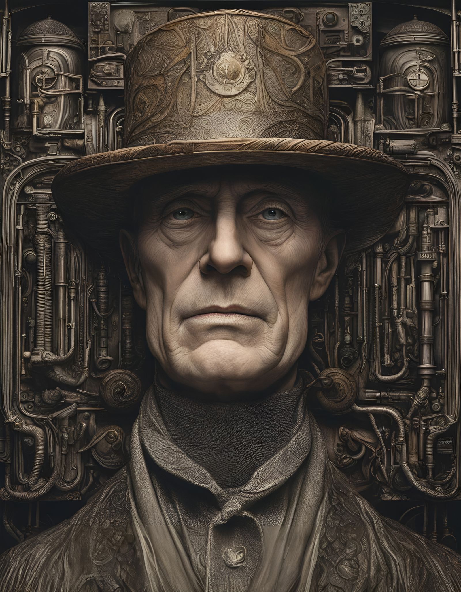 Surreal Portrait with Steel Hat in Grotesque Style