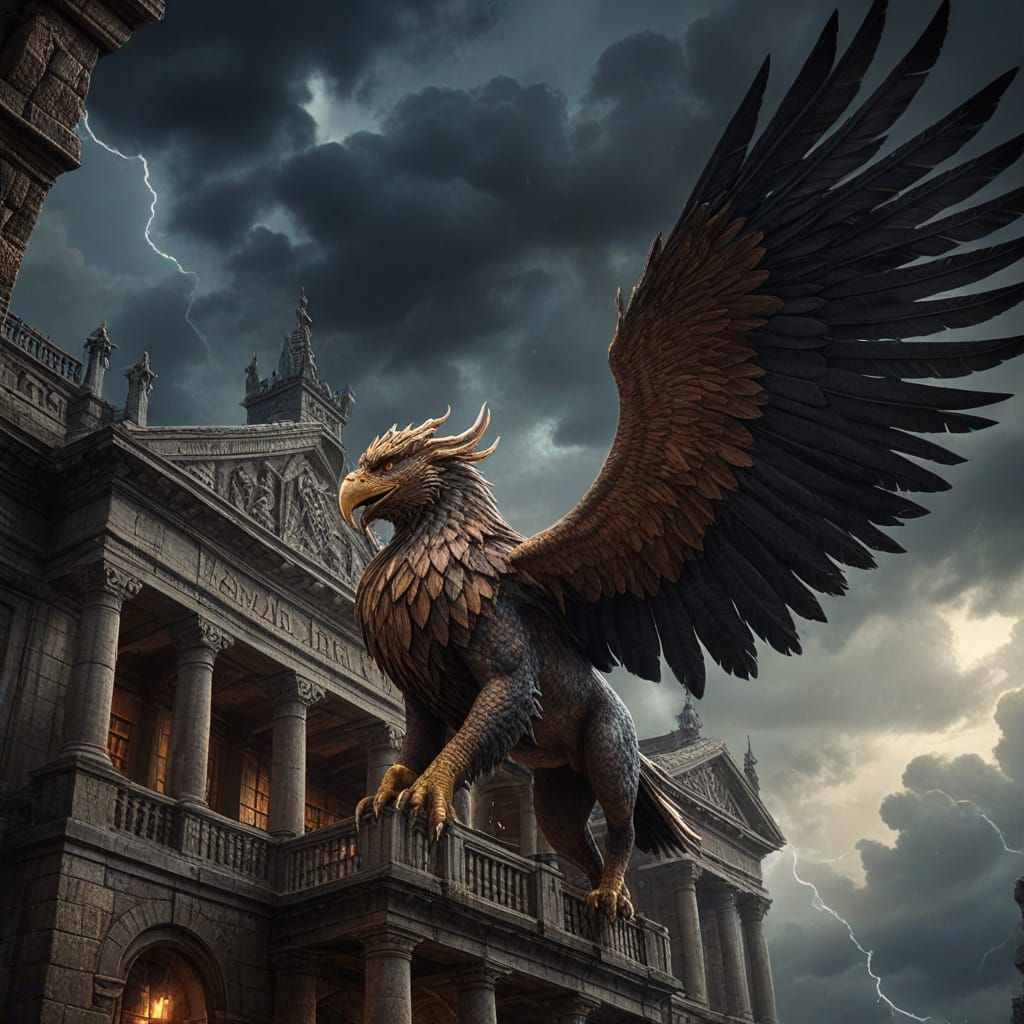 Griffin Soaring Over Ancient Library, Gothic Digital Art