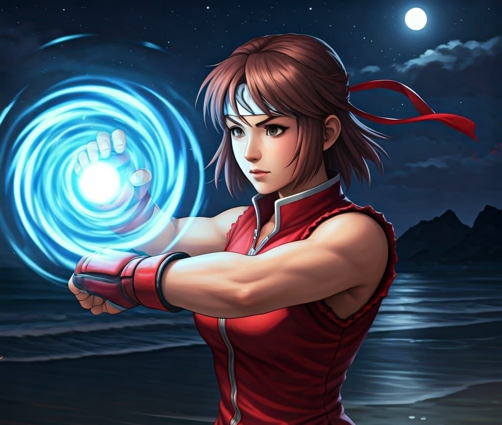Sakura Kasugano Prepares Hadouken on Beach