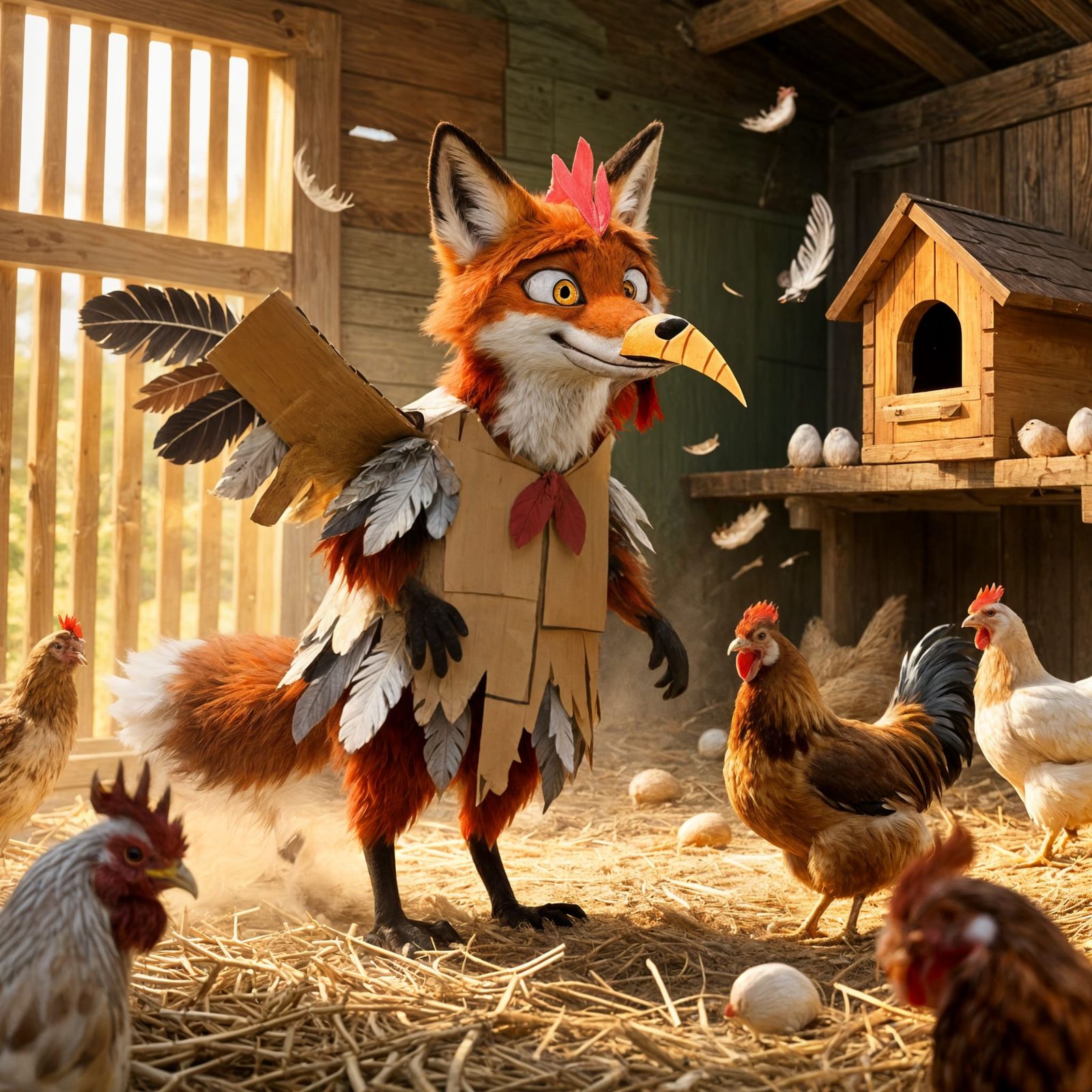 Fox in Chicken Costume Nervously Blends with Hens