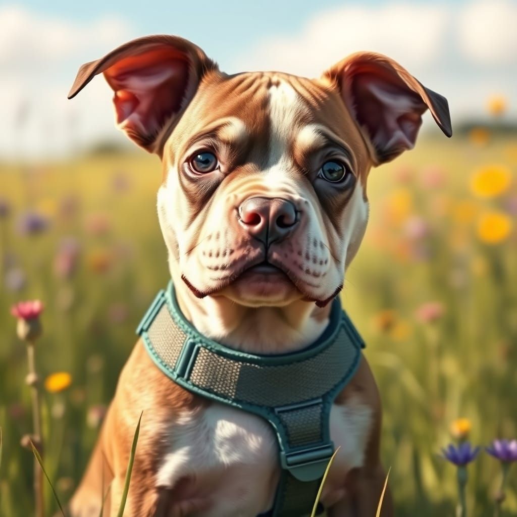 Cute Baby Pitbull Puppy in Sunny Meadow
