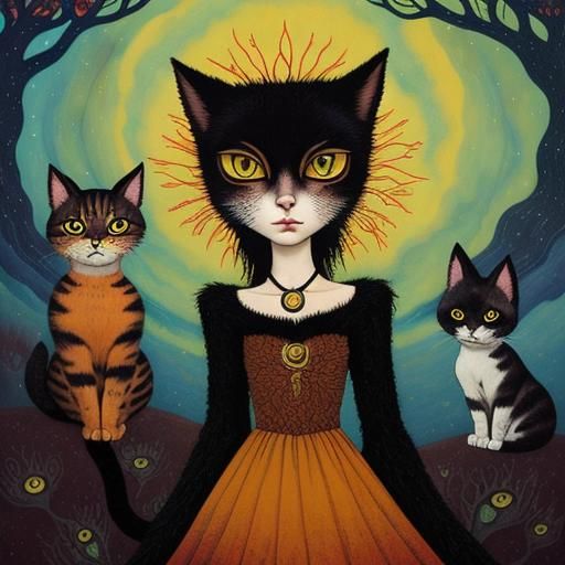 Dreamlike Woman-Cat in Art Brut Style