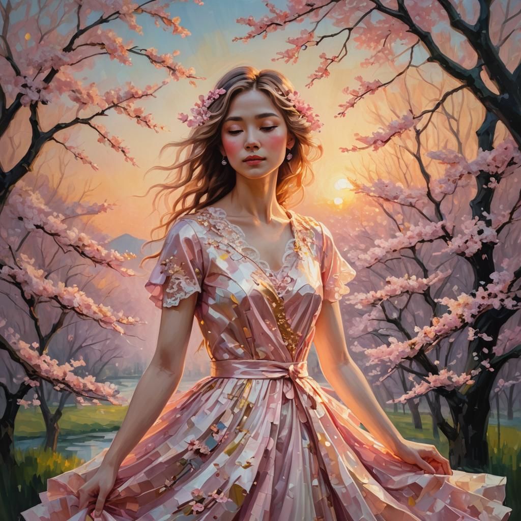 Cherry Blossom Woman in Impressionistic Oil Painting