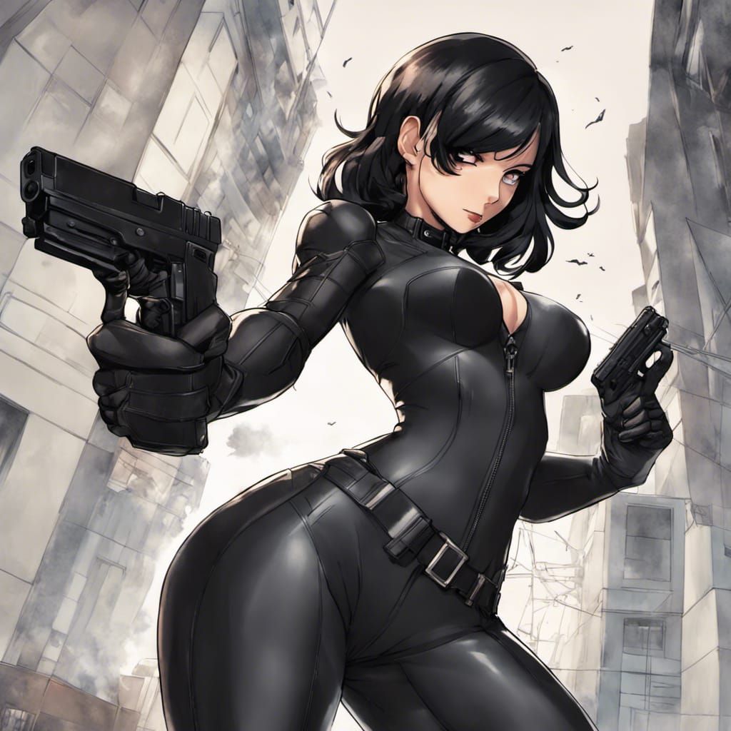 Black Widow in Anime Style With Gun