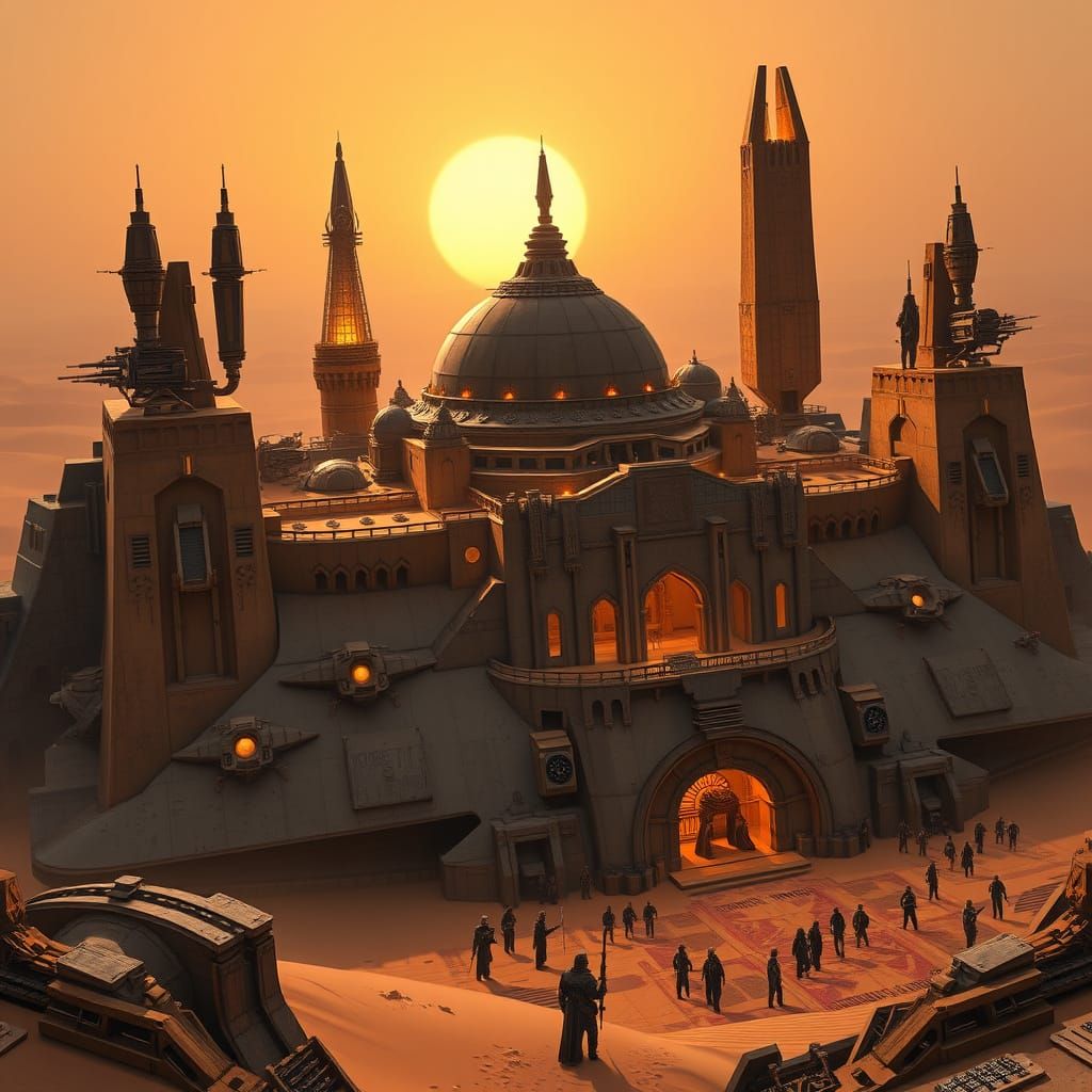 Cyberpunk Fortress on Tatooine, Inspired by Syd Mead and H.R...
