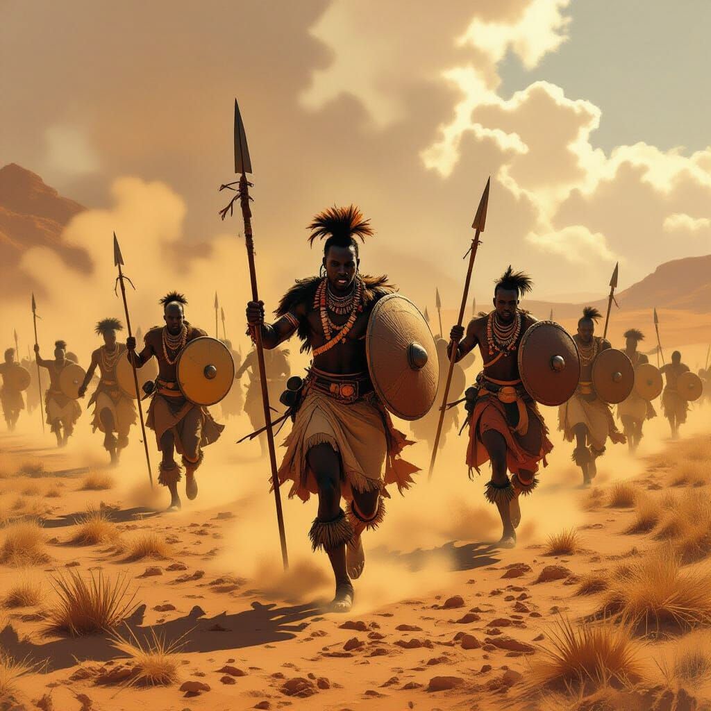 African Warriors on Sun-scorched Plains in Dramatic Style
