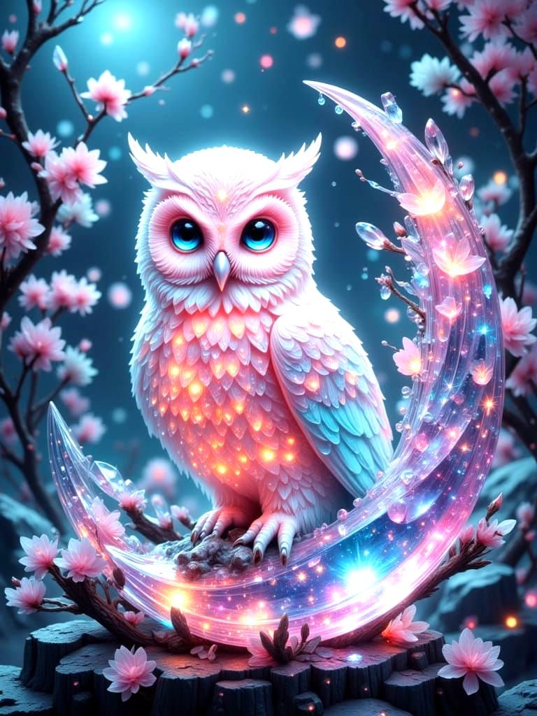Glass Owl on Crescent Moon in Dreamscape