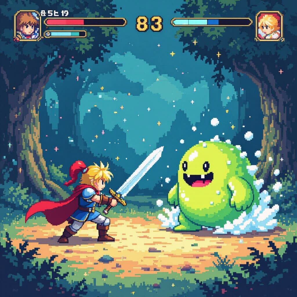 8-Bit RPG Battle: Hero vs. Slime in SNES Style
